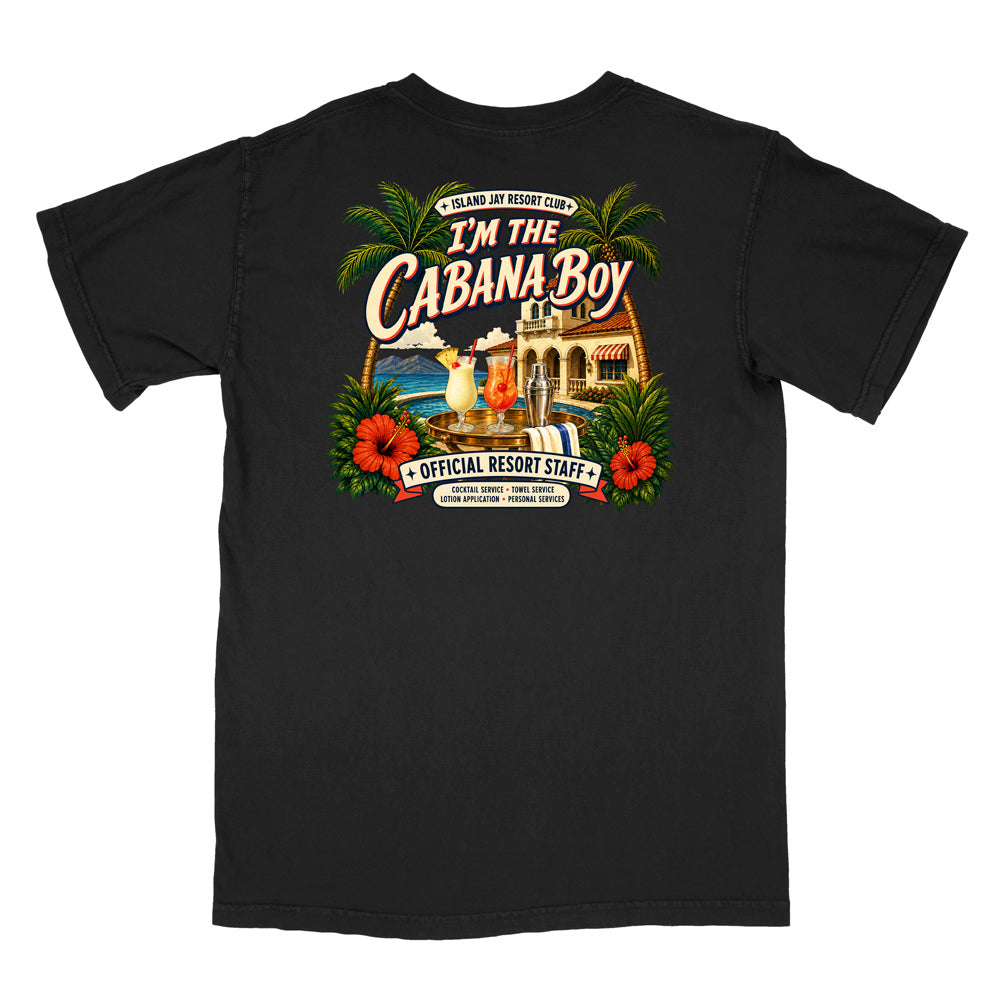 A black short-sleeve t-shirt shown from the back, featuring a large, colorful graphic print with the text 'I'm The Cabana Boy' and a tropical resort scene with palm trees, hibiscus flowers, and a pool.