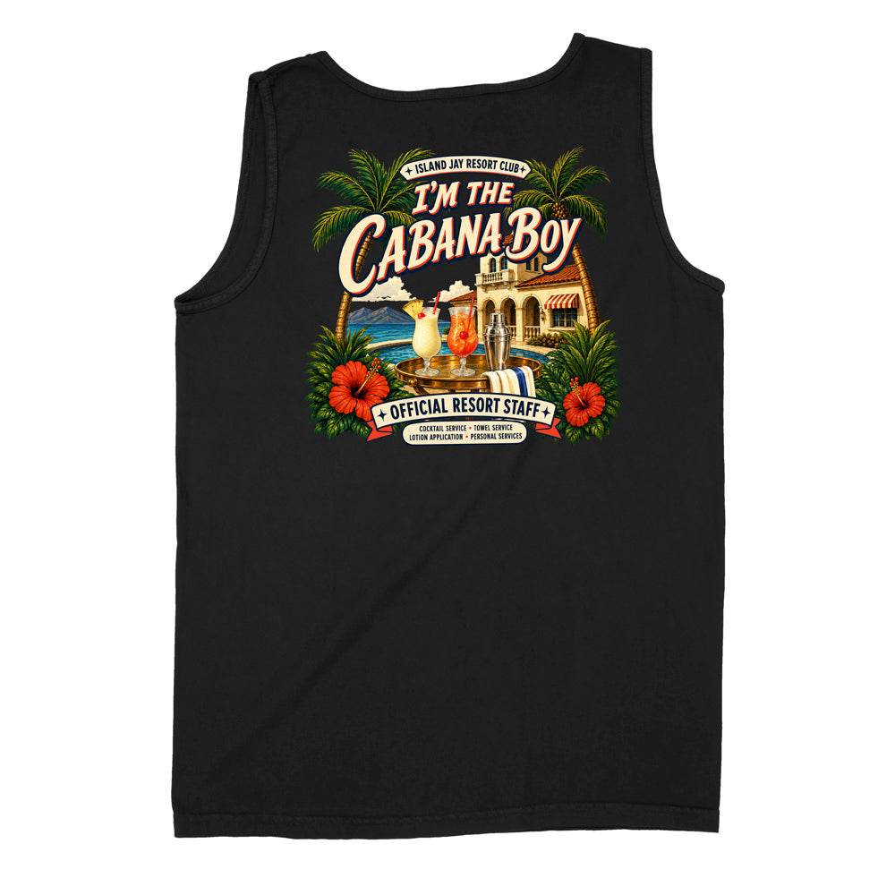 A black sleeveless tank top featuring a colorful retro graphic on the front with the text 'I'M THE CABANA BOY' and tropical resort-themed illustrations, shown against a plain white background.