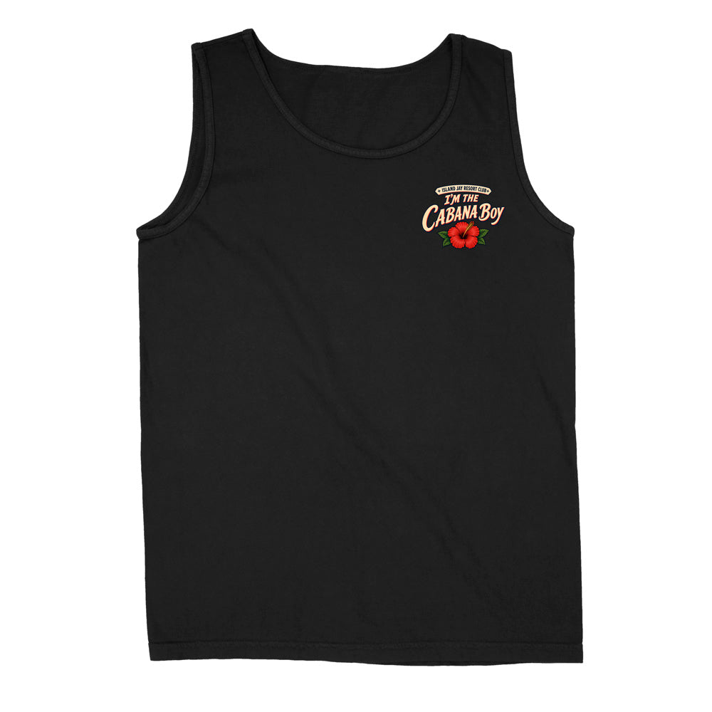 A black sleeveless tank top with a small graphic on the left chest featuring the text 'I'm Cabana Boy' in a light beige script and a small red flower, shown against a plain white background.