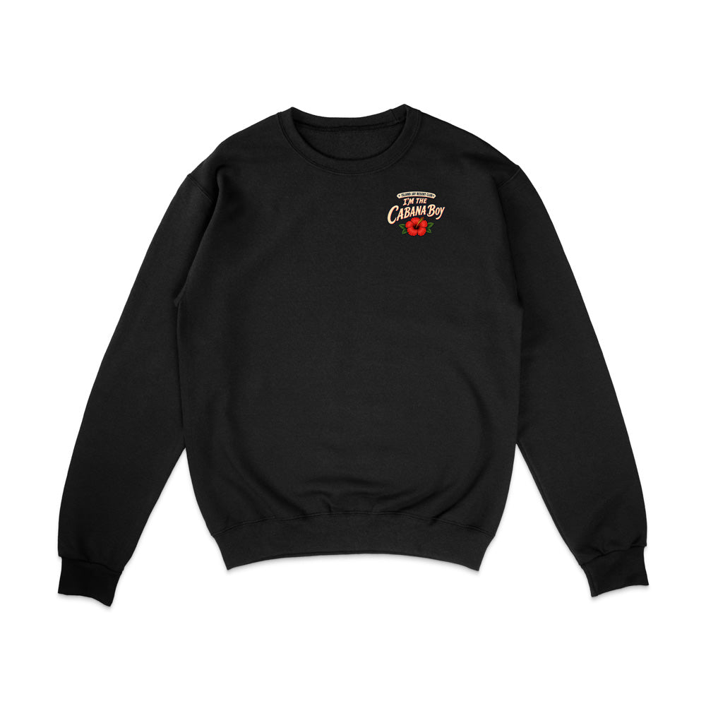 A black crewneck sweatshirt with a small graphic on the left chest reading 'Welcome to the Countryside' in a retro font, accented with a red flower, shown on a plain white background.