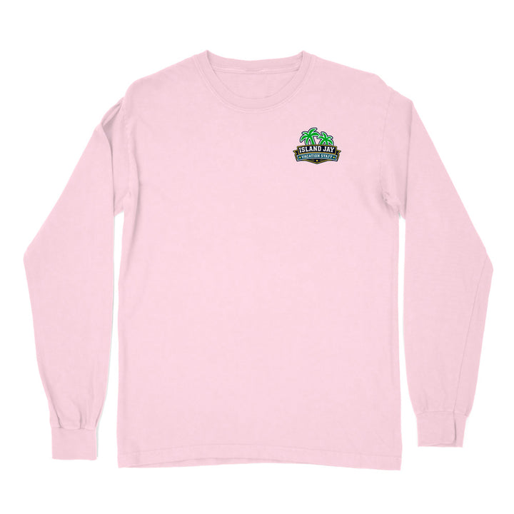 A light pink long-sleeve crewneck t-shirt with a small 'The Island Art Fair' graphic printed on the left chest, displayed on a solid white background.