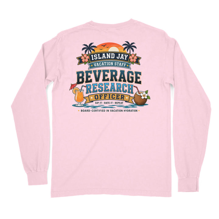 A light pink long-sleeve t-shirt shown from the back, featuring a colorful graphic print with tropical beach elements and the text 'ISLAND JAY BEVERAGE RESEARCH OFFICER'.