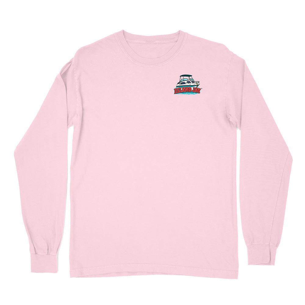 A light pink long-sleeve crewneck t-shirt with a small boat graphic on the left chest, displayed flat against a white background.