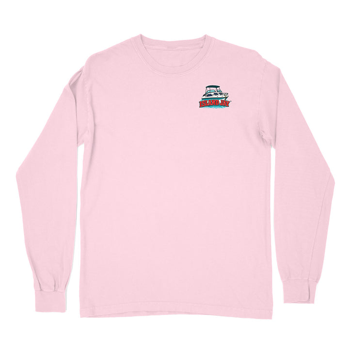 A light pink long-sleeve crewneck t-shirt with a small boat graphic on the left chest, displayed flat against a white background.