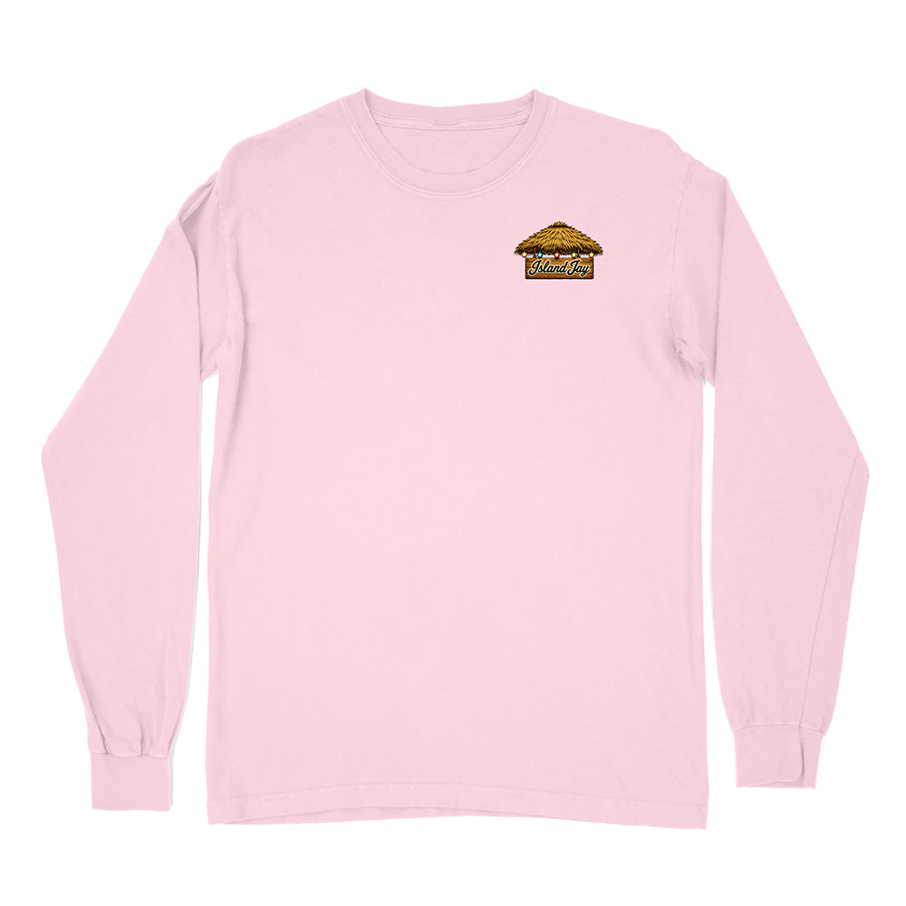 A light pink long-sleeve crewneck t-shirt with a small graphic on the left chest depicting a thatched-roof hut with the text 'Wild West'.