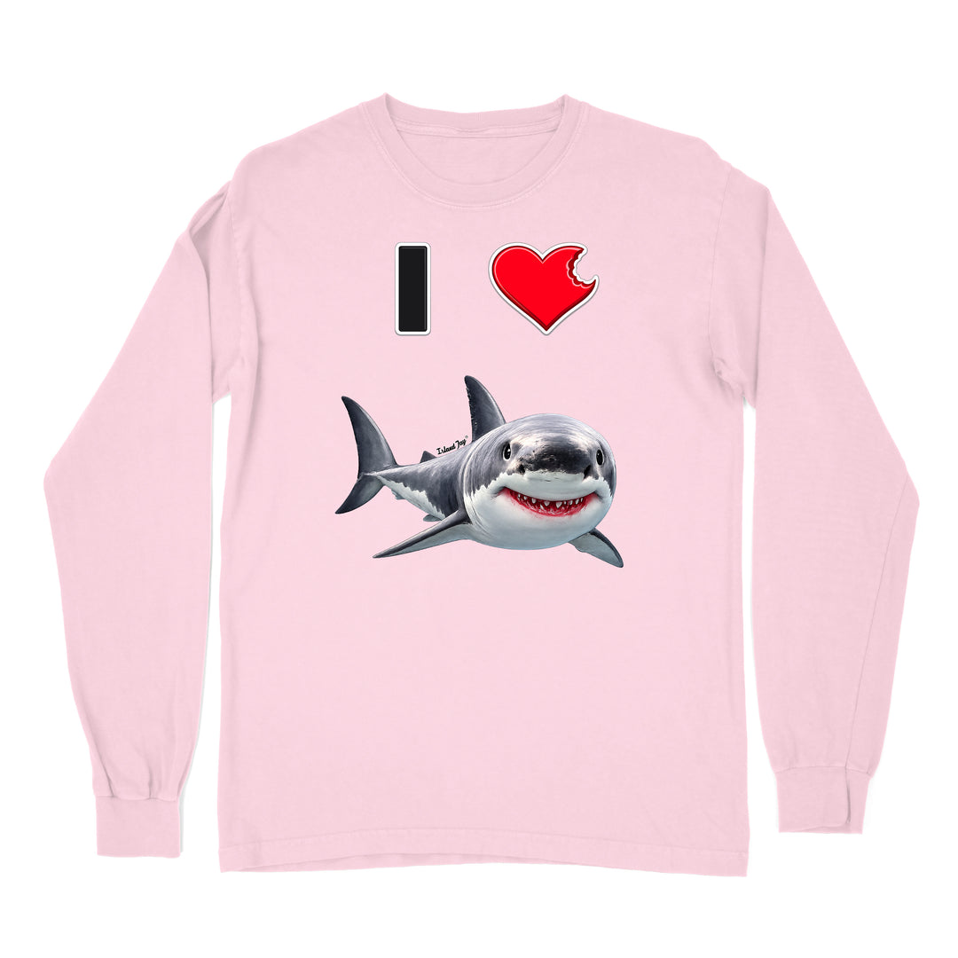 A pink long sleeve shirt with the phrase "I love shark" written with a heart icon graphic for the "love" and a cute shark graphic for the "Shark".