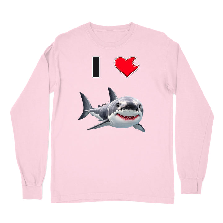 A pink long sleeve shirt with the phrase "I love shark" written with a heart icon graphic for the "love" and a cute shark graphic for the "Shark".