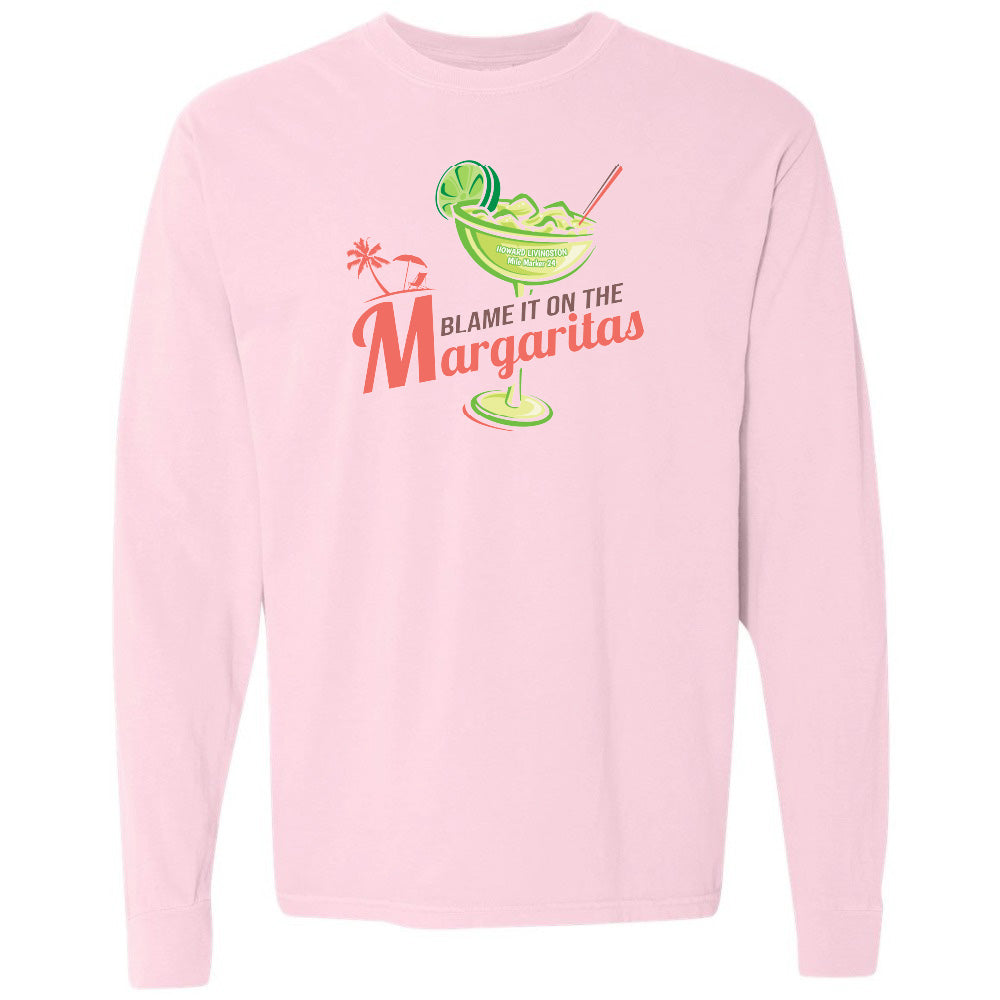 Pink long-sleeve shirt with a margarita graphic and text on a white background