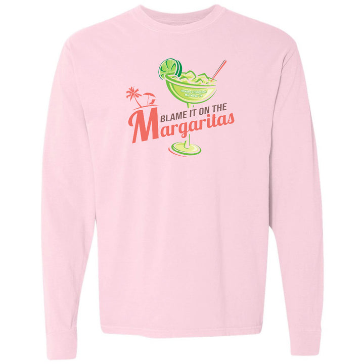 Pink long-sleeve shirt with a margarita graphic and text on a white background