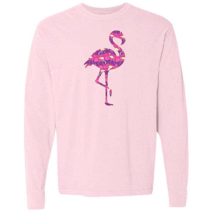 Pink long-sleeve shirt with a pink flamingo design on a white background