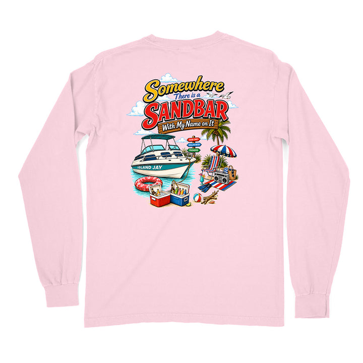 A light pink long-sleeve t-shirt shown from the back, featuring a colorful graphic print with the text 'Somewhere From the SANDBAR With My Nerves On File' and a beach-themed illustration.