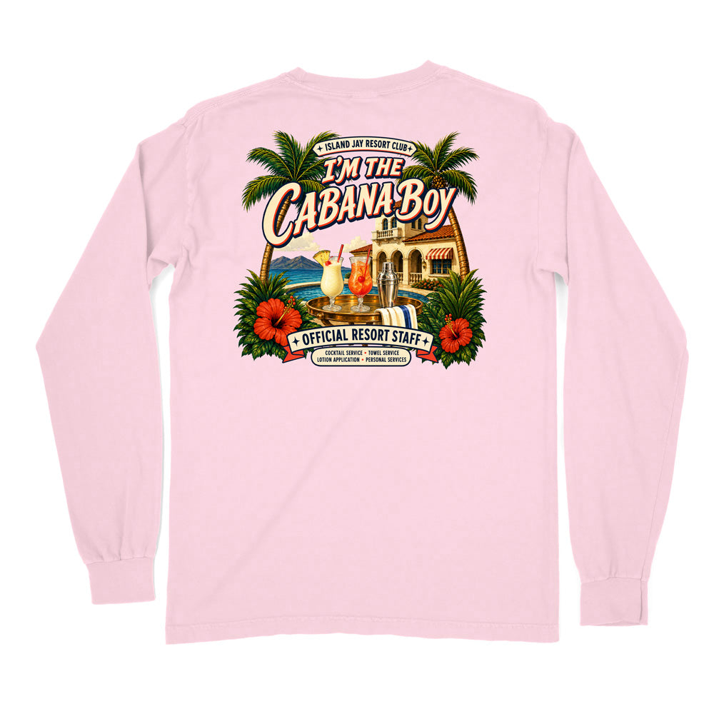 A light pink long-sleeve t-shirt shown from the back, featuring a large, colorful graphic print on the center back with palm trees, a beach resort scene, and the text 'I'm The Cabana Boy'.