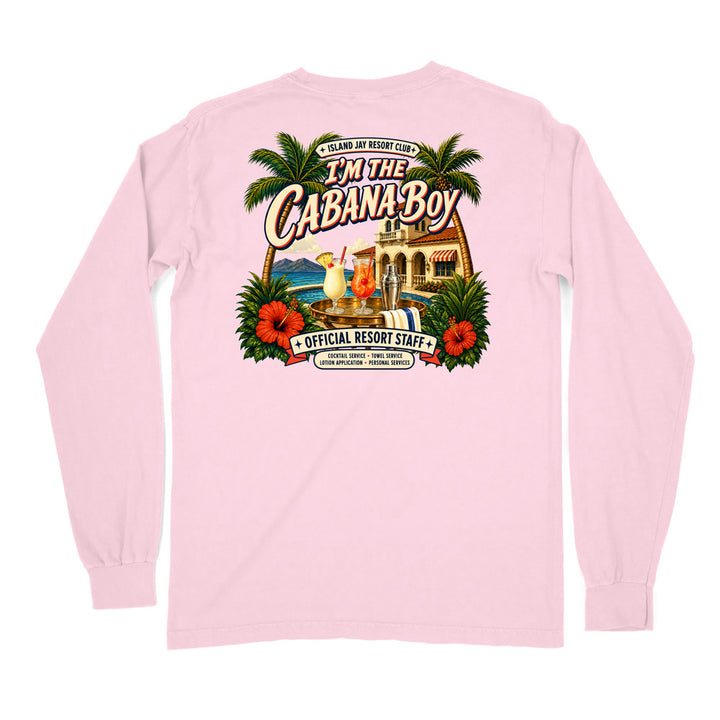 A light pink long-sleeve t-shirt shown from the back, featuring a large, colorful graphic print on the center back with palm trees, a beach resort scene, and the text 'I'm The Cabana Boy'.