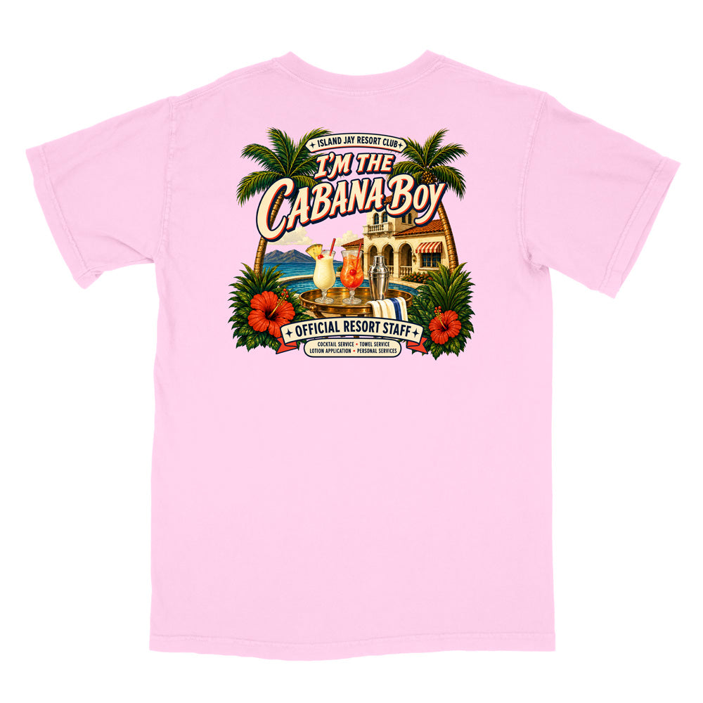 A light pink short-sleeve t-shirt shown from the back, featuring a large, colorful graphic print with palm trees, hibiscus flowers, a beach bar scene, and the text 'I'm the Cabana Boy' and 'Official Resort Staff'.