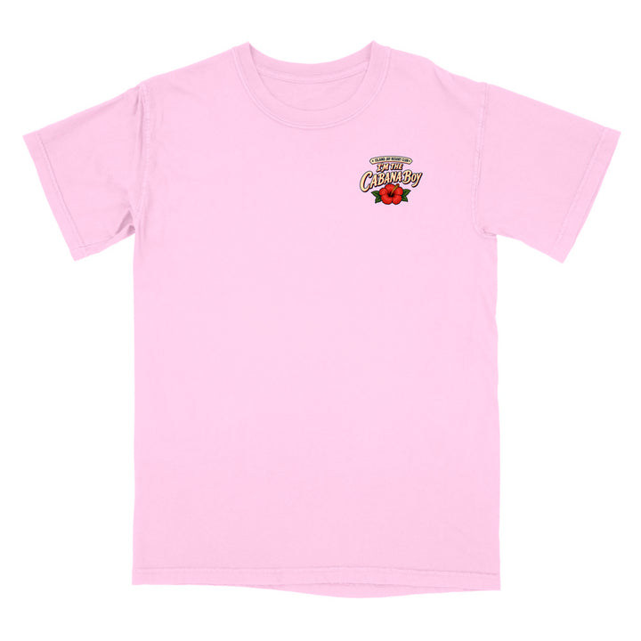 A light pink short-sleeve crewneck t-shirt with a small graphic on the left chest featuring the words 'BEST GUY CREATION' in a stylized font above a red rose, shown on a plain white background.