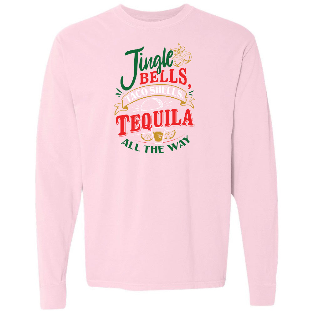 Pink long-sleeve shirt with festive text design on a white background