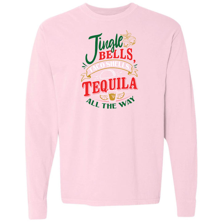Pink long-sleeve shirt with festive text design on a white background