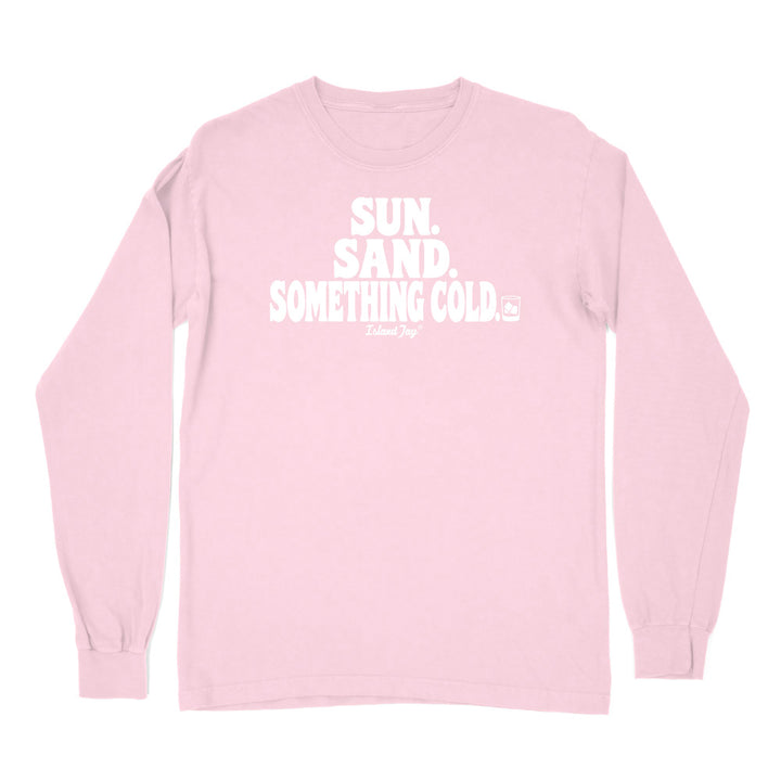 A blossom pink long-sleeve t-shirt with a white graphic text print on the chest reading 'SUN. SAND. Something cold