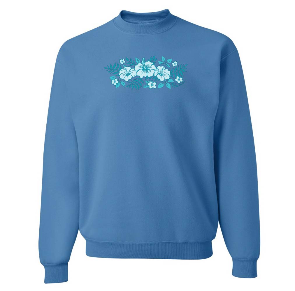 Blue sweatshirt with floral design on a white background