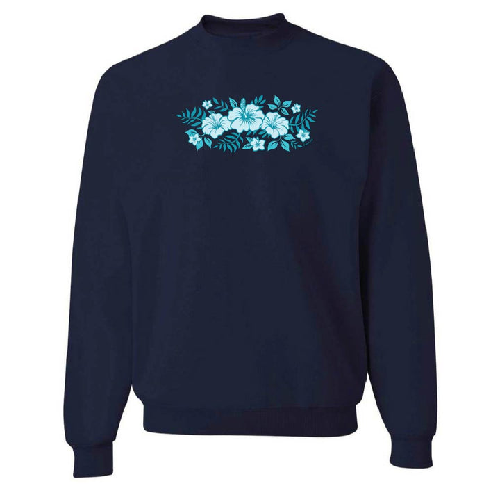 Navy blue sweatshirt with teal floral design on a white background