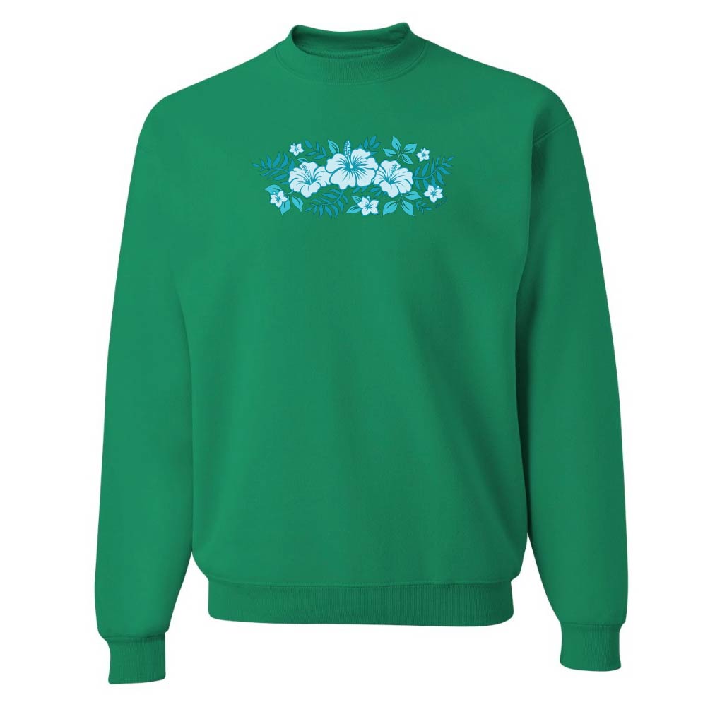 Green sweatshirt with floral design on a white background