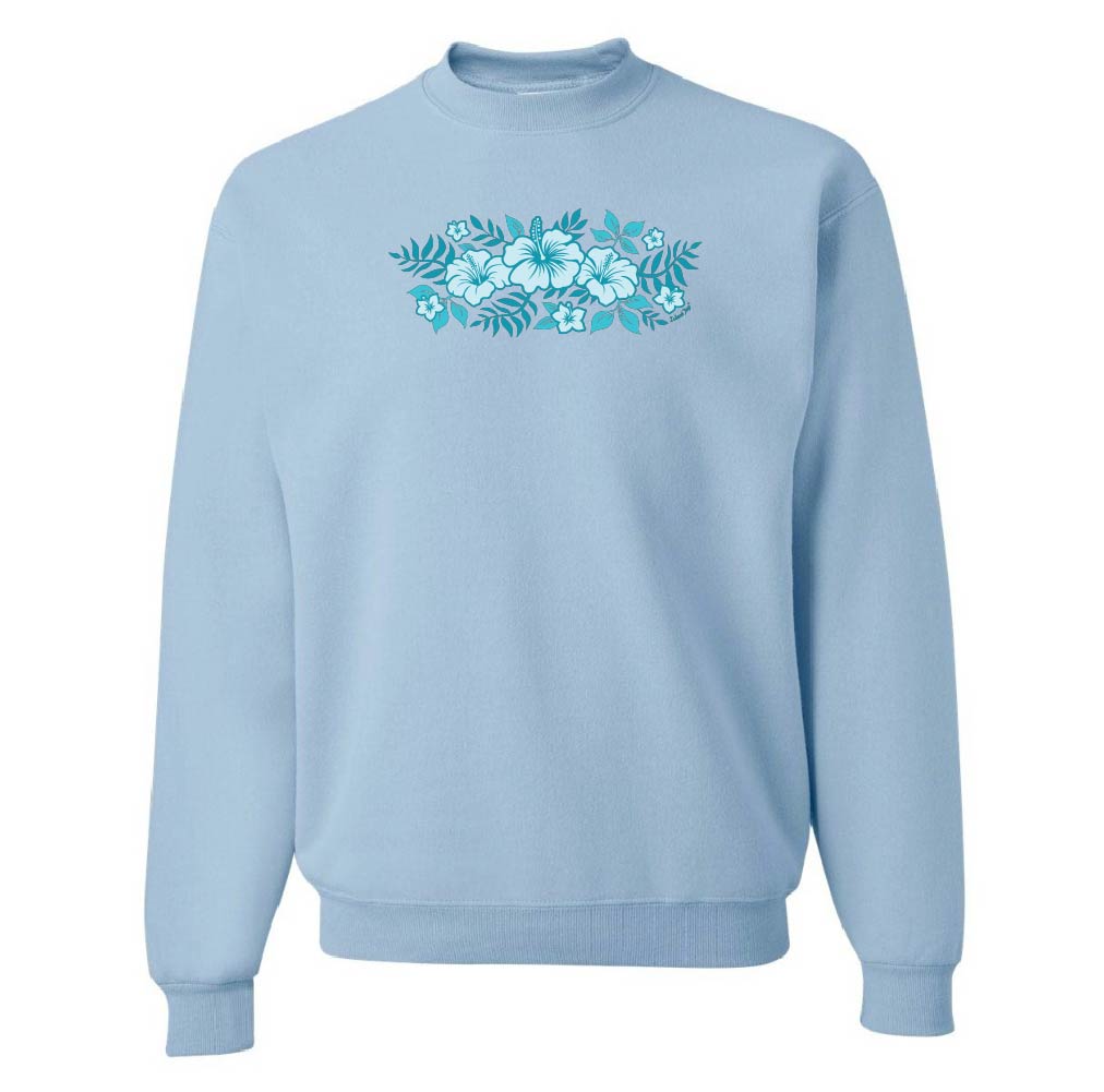 Light blue sweatshirt with teal floral design on a white background