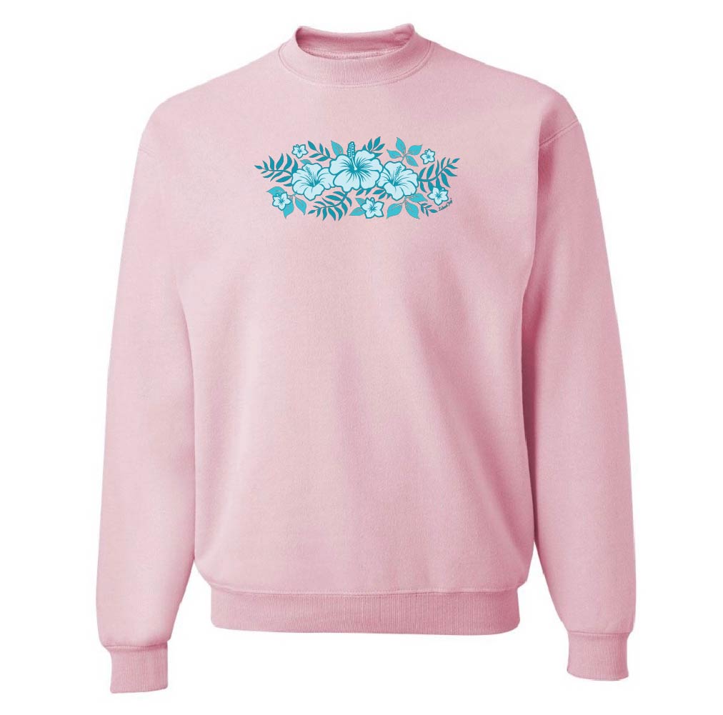 Pink sweatshirt with a blue floral design on a white background