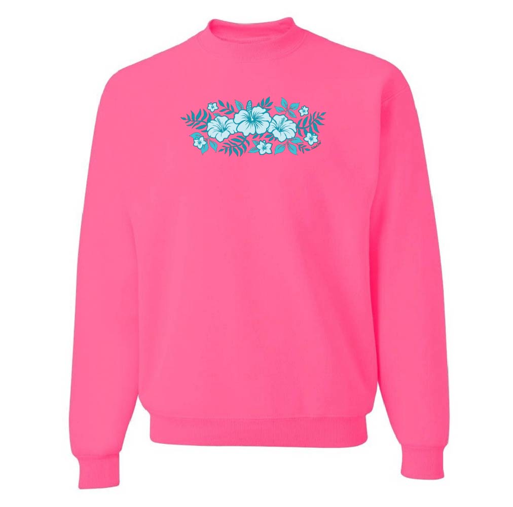 Pink sweatshirt with blue floral design on a white background