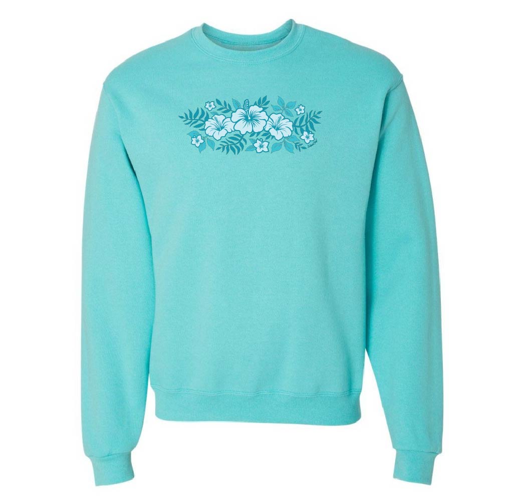 Turquoise sweatshirt with floral design on a white background