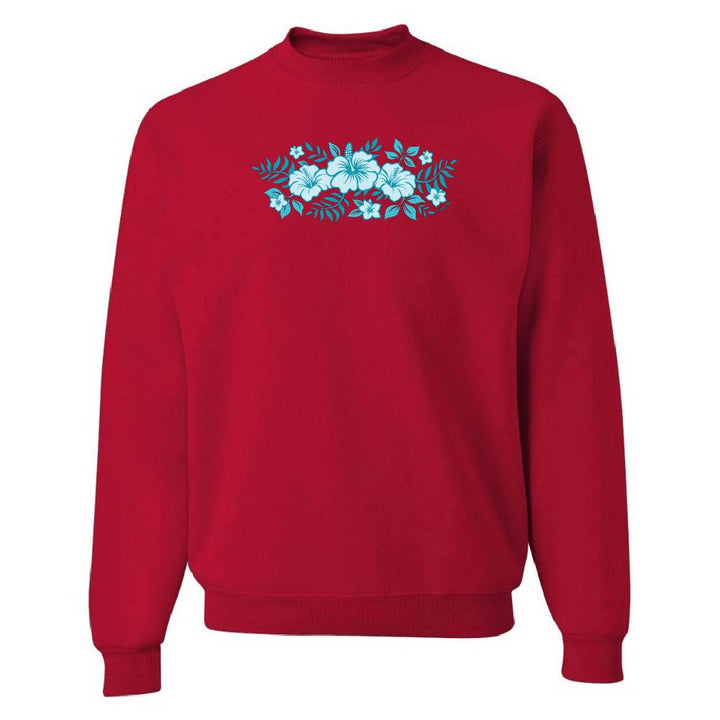 Red sweatshirt with blue floral design on a white background