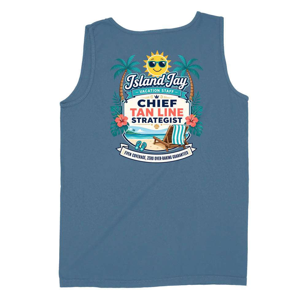 A sleeveless tank top in a dusty slate blue color, featuring a large tropical-themed graphic on the front. The graphic includes a smiling sun with sunglasses, palm trees, hibiscus flowers, a beach umbrella, and text that reads 'Island Jay Vacation Staff CHIEF TAN LINE STRATEGIST' along with a banner at the bottom.