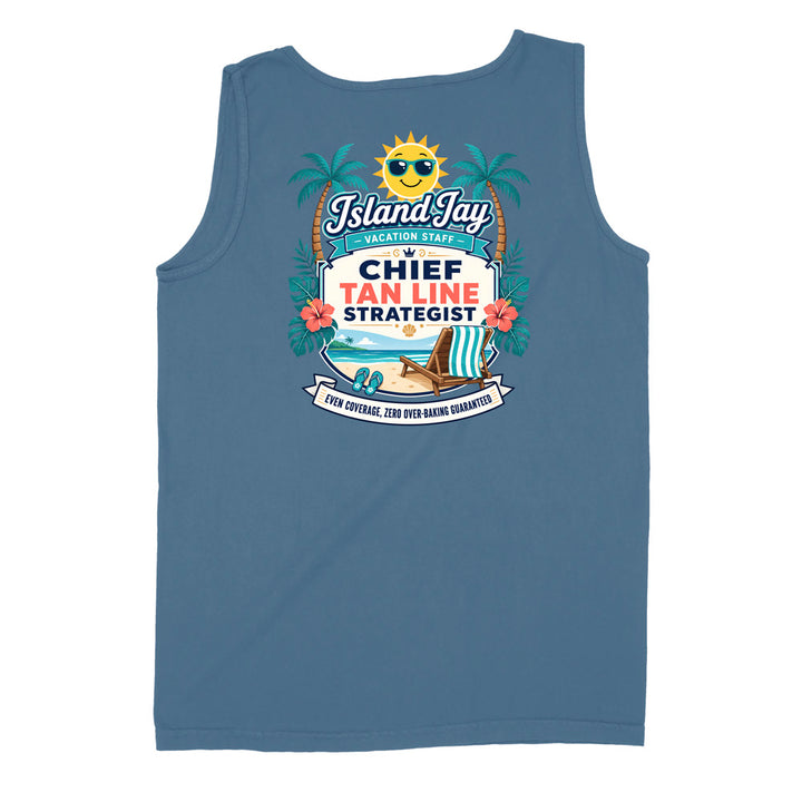 A sleeveless tank top in a dusty slate blue color, featuring a large tropical-themed graphic on the front. The graphic includes a smiling sun with sunglasses, palm trees, hibiscus flowers, a beach umbrella, and text that reads 'Island Jay Vacation Staff CHIEF TAN LINE STRATEGIST' along with a banner at the bottom.
