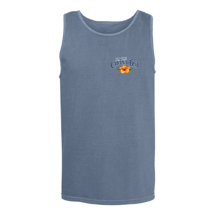 A sleeveless tank top in a dusty slate blue color, featuring a small graphic on the left chest with the text 'SOUTH CAROLINA' in blue and a small orange flower.