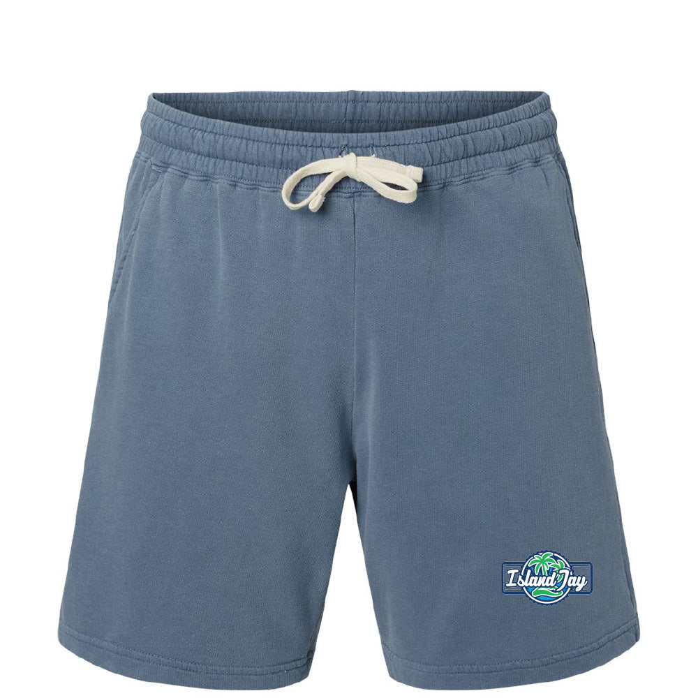 Blue shorts with a drawstring and Island Jay logo on a white background