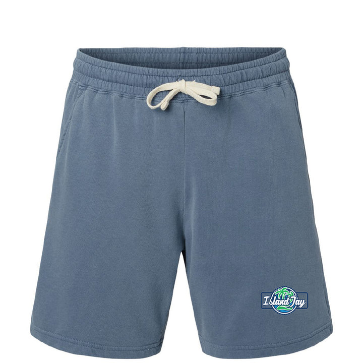 Blue shorts with a drawstring and Island Jay logo on a white background