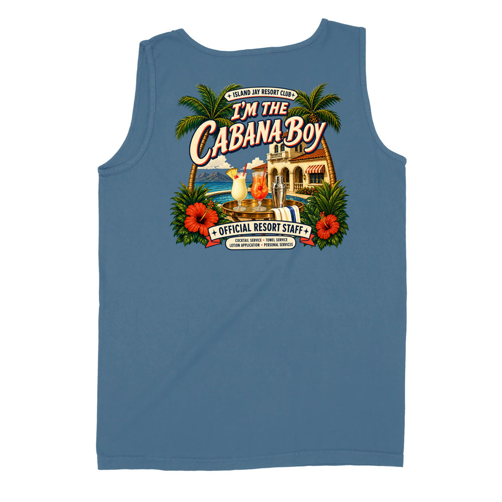 A sleeveless tank top in dusty blue, shown from the back with a large colorful graphic print. The graphic features the text 'I'M THE CABANA BOY' with palm trees, tropical flowers, a beach scene, and a building, plus smaller text reading 'ISLAND JOY RESORT CLUB' and 'OFFICIAL RESORT STAFF'.