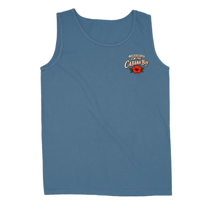 A slate blue sleeveless tank top with a small graphic on the left chest reading 'The Cabana Boy' with a red flower illustration, shown against a plain white background.