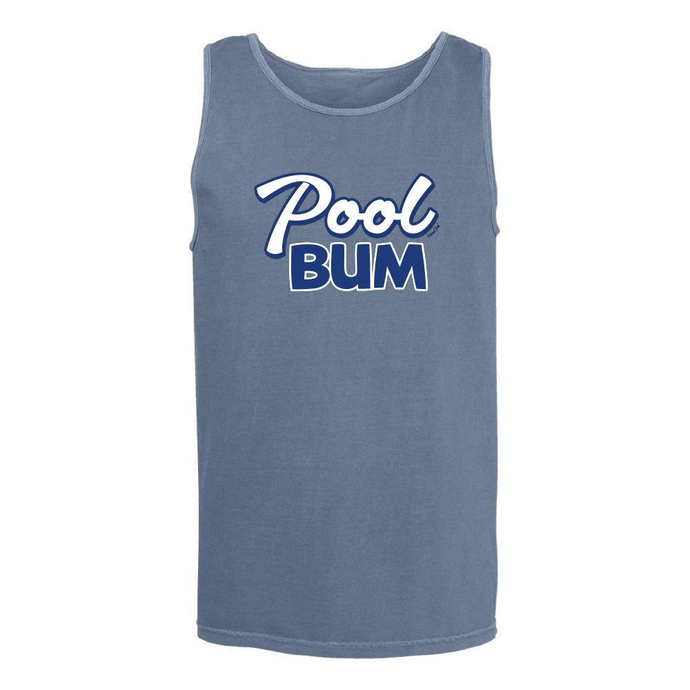 Blue tank top with 'Pool Bum' text on a white background
