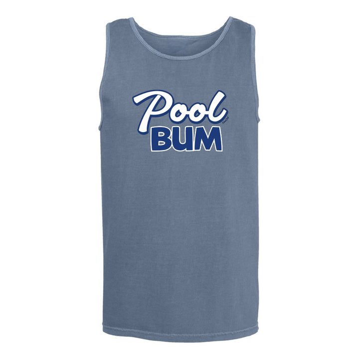 Blue tank top with 'Pool Bum' text on a white background