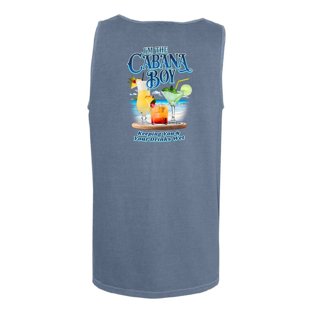 A sleeveless blue tank top shown from the back, featuring a colorful graphic print with cocktail illustrations and the text 'I'm The Cabana Boy' and 'Refresh You A Your Drinks Wet'.