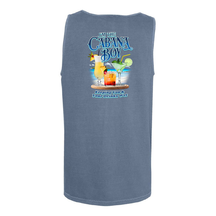 A sleeveless blue tank top shown from the back, featuring a colorful graphic print with cocktail illustrations and the text 'I'm The Cabana Boy' and 'Refresh You A Your Drinks Wet'.