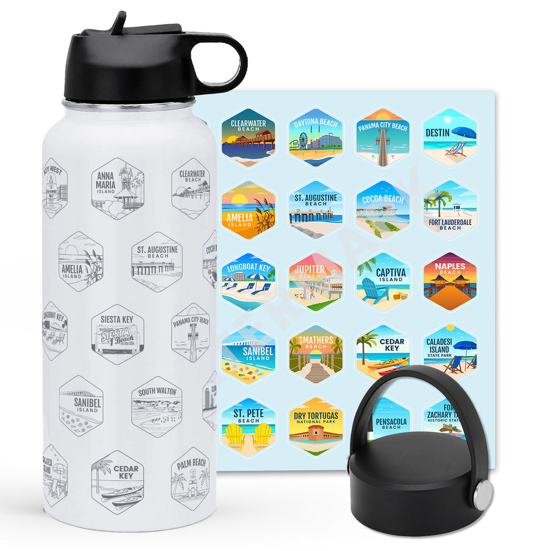 Florida Beach Towns Water Bottle with extra lid and stickers. Showing Cedar Key, Fort Lauderdale Beach, Sanibel Island, Caladesi Island, Longboat Key, Pensacola Beach, and Daytona Beach.