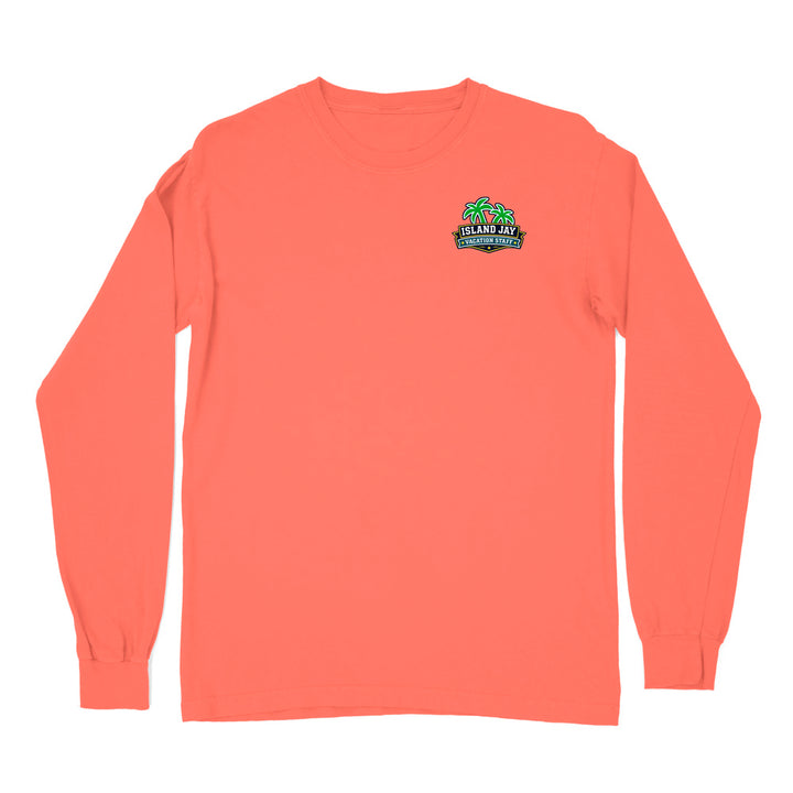 A coral orange long-sleeve t-shirt with a small graphic on the left chest featuring a green palm tree and the text 'ISLAND JAY'.