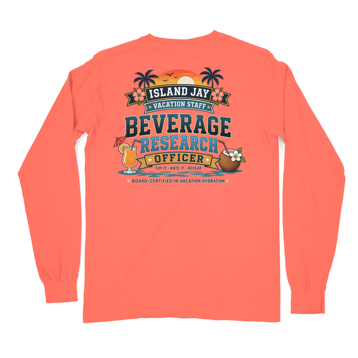A coral orange long-sleeve t-shirt shown from the back, featuring a colorful graphic print with tropical island-themed text reading 'ISLAND JAY VACATION STAFF BEVERAGE RESEARCH OFFICER' and cartoon cocktail and coconut illustrations.