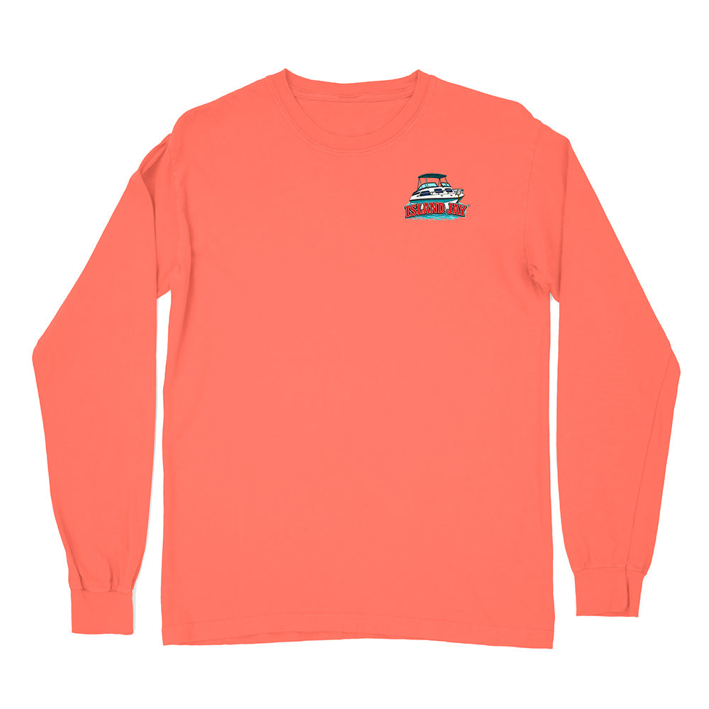A coral orange long-sleeve t-shirt with a small graphic of a sailboat on the left chest, displayed flat against a solid white background.