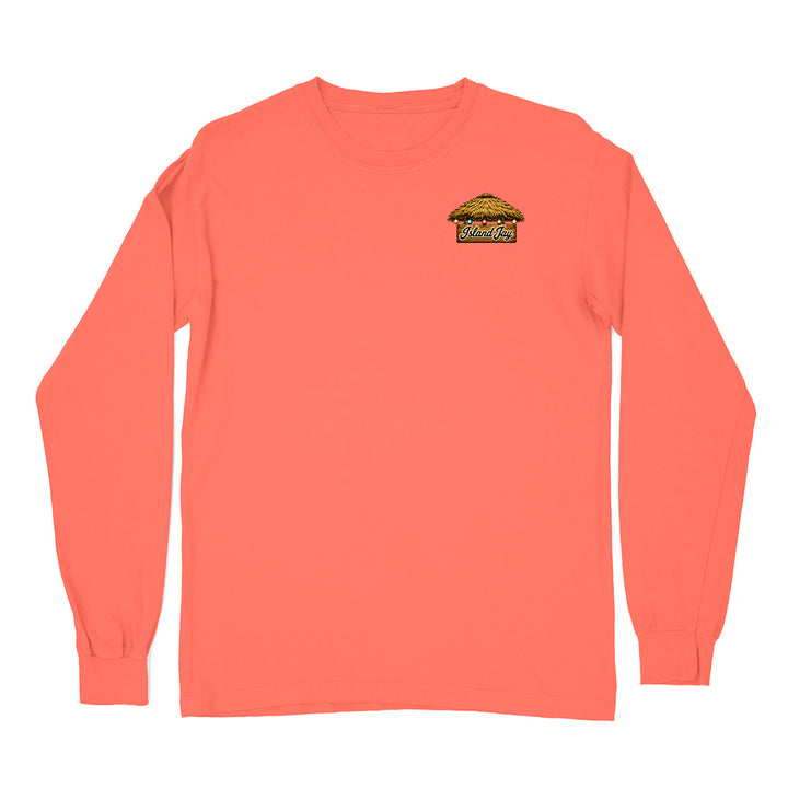 A coral orange long-sleeve t-shirt with a small graphic logo on the left chest, displayed flat against a solid white background.