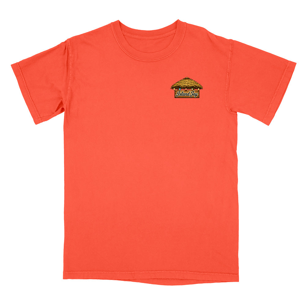 A bright orange short-sleeve crewneck t-shirt with a small graphic on the left chest depicting a burger with the text 'Wicked' in yellow script.