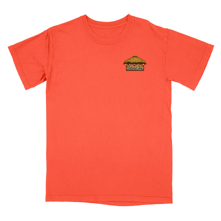 A bright orange short-sleeve crewneck t-shirt with a small graphic on the left chest depicting a burger with the text 'Wicked' in yellow script.