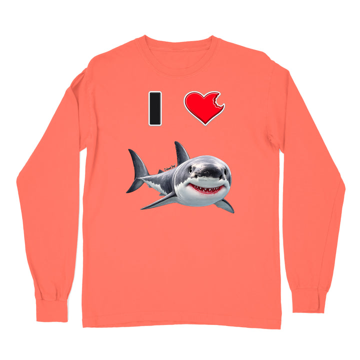 A coral long sleeve shirt with the phrase "I love shark" written with a heart icon graphic for the "love" and a cute shark graphic for the "Shark".