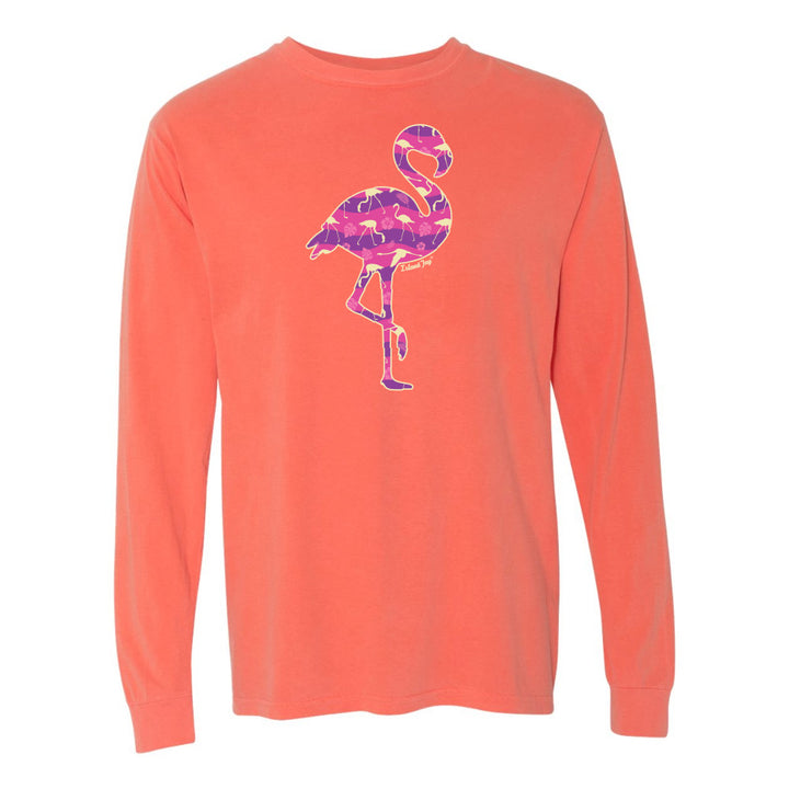 Coral long-sleeve shirt with a pink flamingo design on a white background